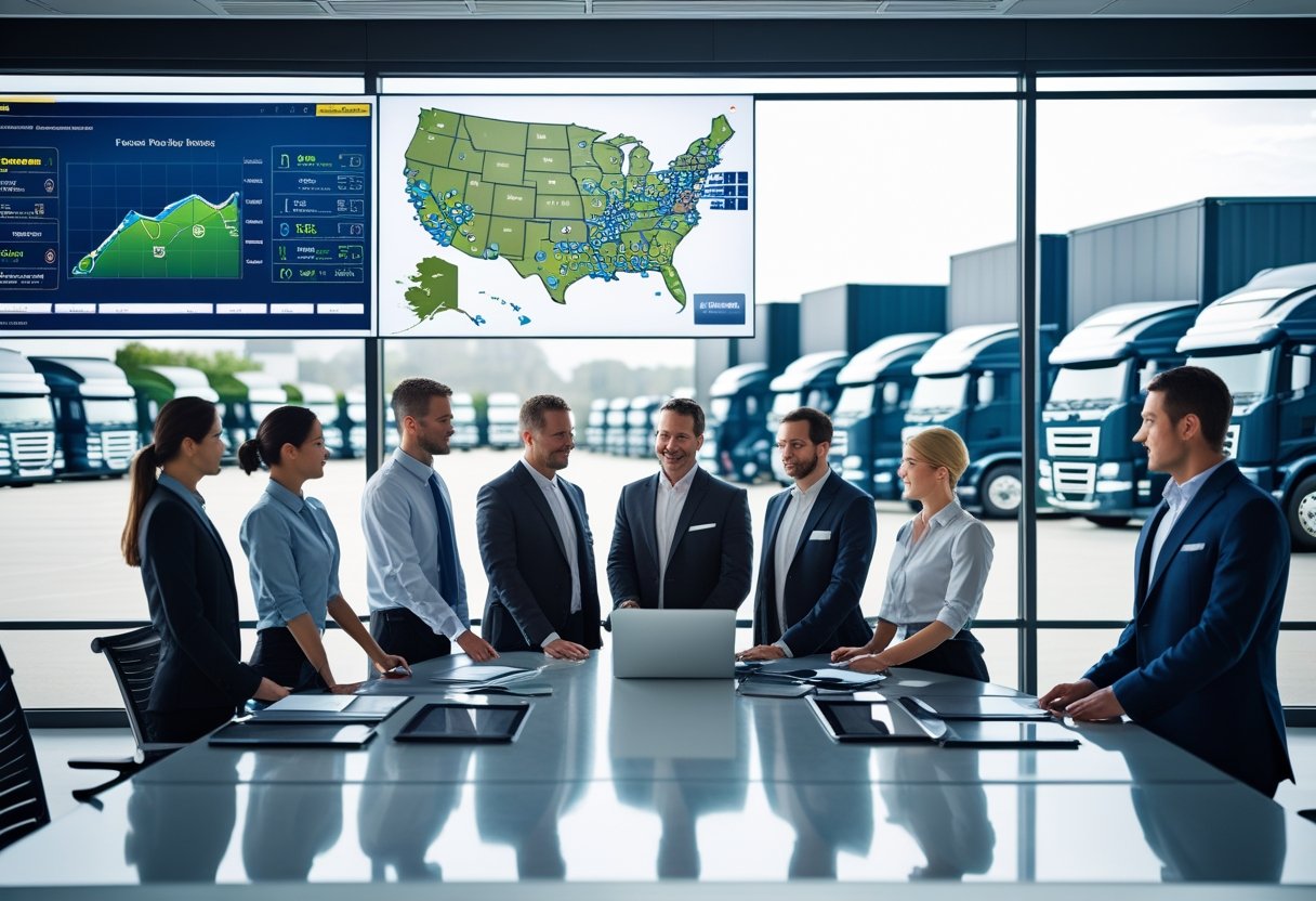 A team of professionals working in a logistics control room with digital screens showing truck fleet data and trucks parked outside a large window.