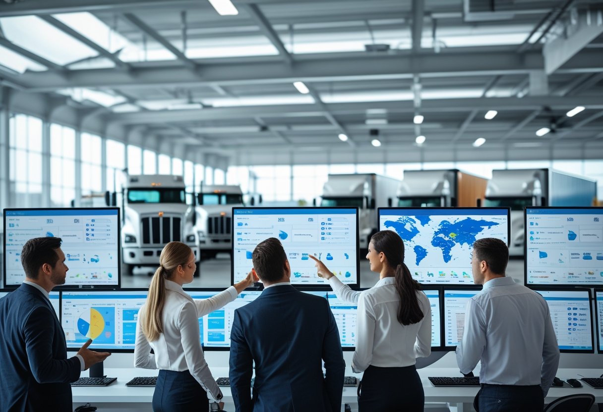 Logistics professionals working in an office with computer screens showing fleet data, with trucks parked outside a depot visible through large windows.
