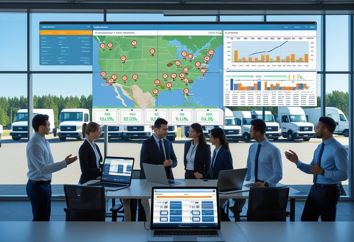 A group of professionals working in an office with a large digital map and data dashboard showing vehicle locations and fleet information, with several vehicles parked outside a window.