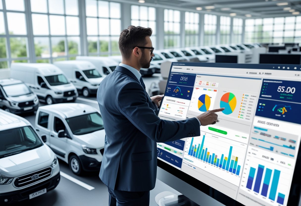 A business professional reviewing vehicle locations and routes on a digital touchscreen with a fleet of trucks, vans, and cars parked in the background.