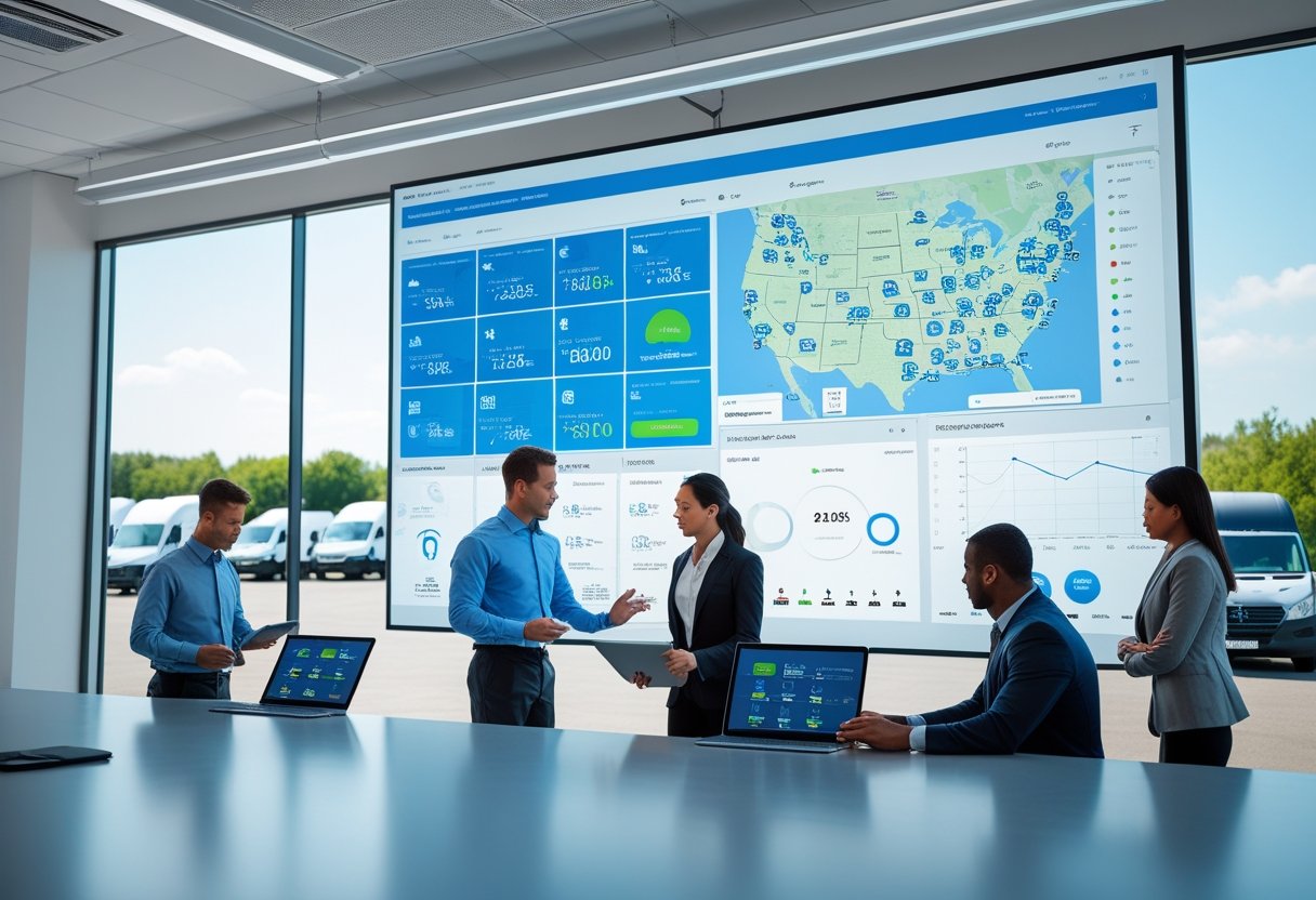 Professionals reviewing digital fleet management data on screens in an office with company vehicles parked outside.