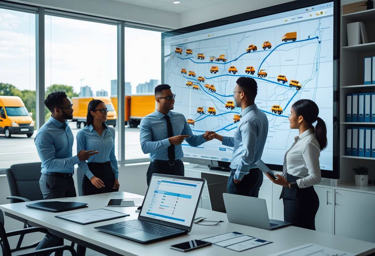 A team of professionals in an office reviewing a digital map with vehicle routes and using laptops and tablets to manage fleet operations.