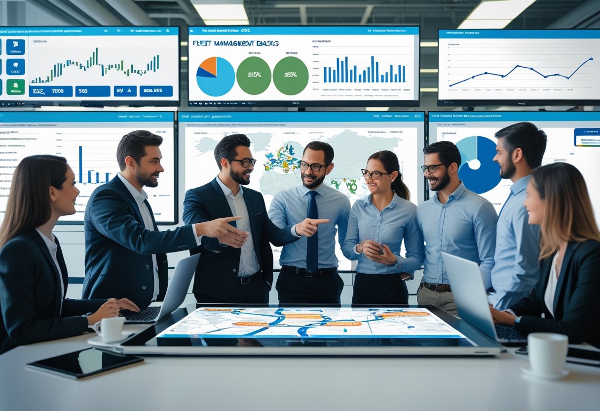 A group of professionals in an office collaborating around a digital touchscreen table showing vehicle routes and data on monitors in the background.