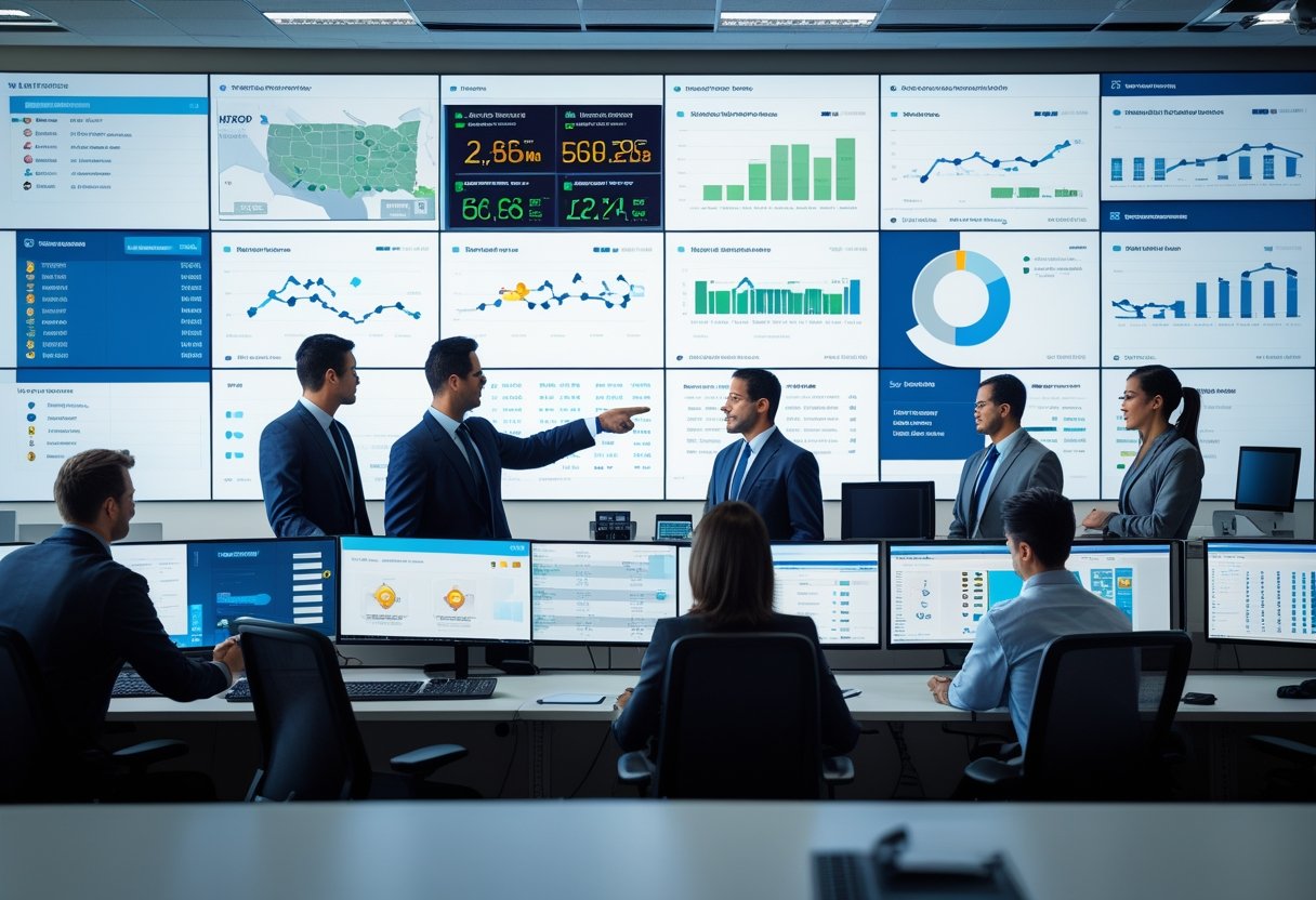 A team of professionals monitoring multiple screens with vehicle data in a fleet management control room.
