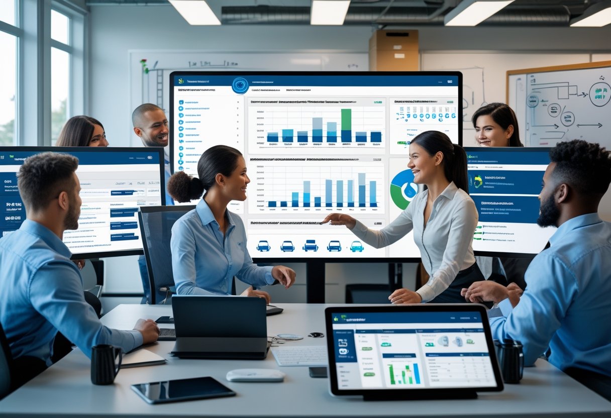 A group of professionals working together in an office with digital screens showing vehicle maintenance data and repair schedules.