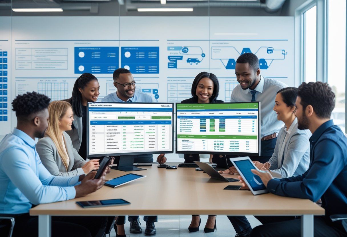 Professionals collaborating in an office around computers displaying fleet repair management software dashboards.