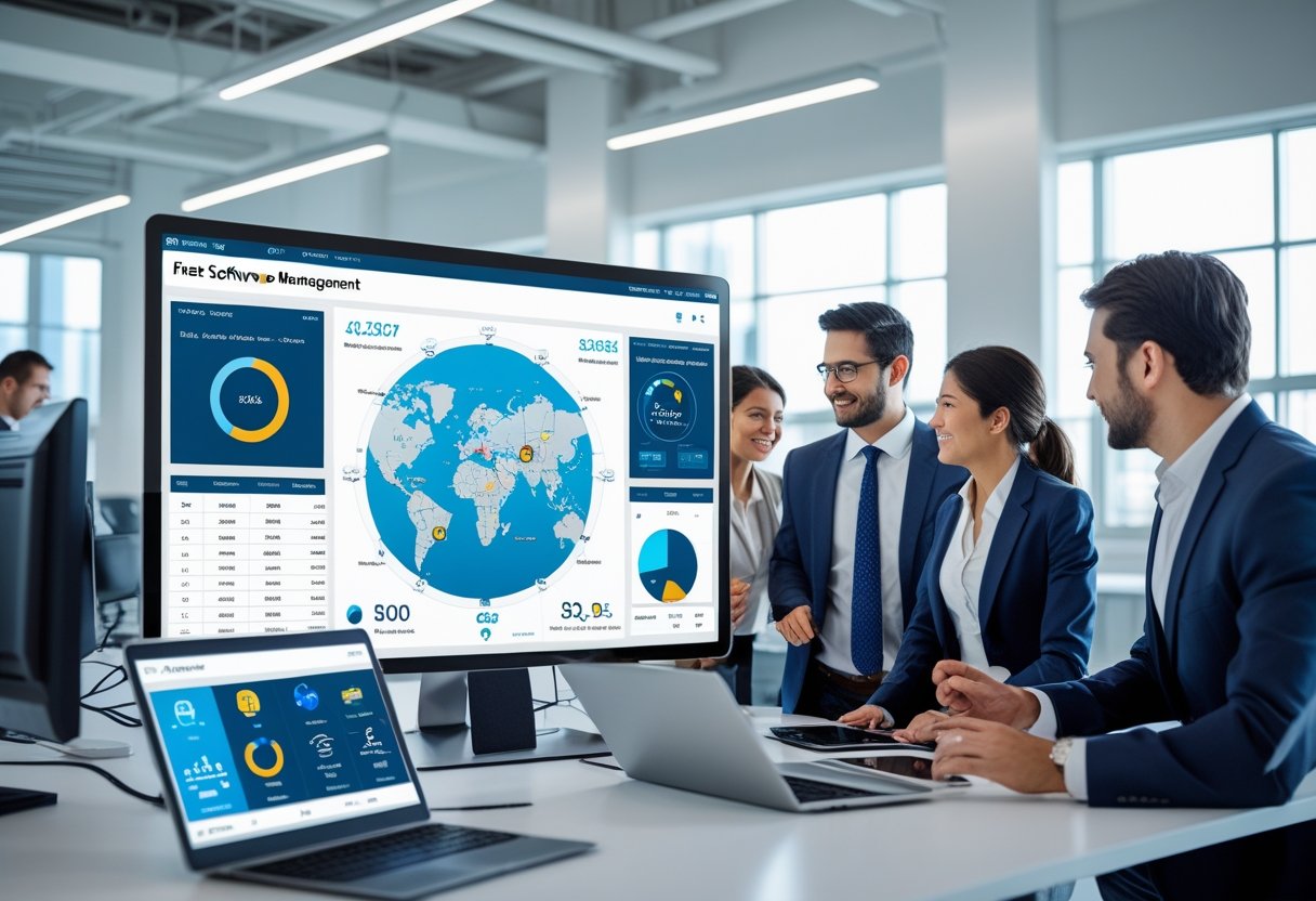 Business professionals collaborating around digital screens displaying fleet management data in a modern office.