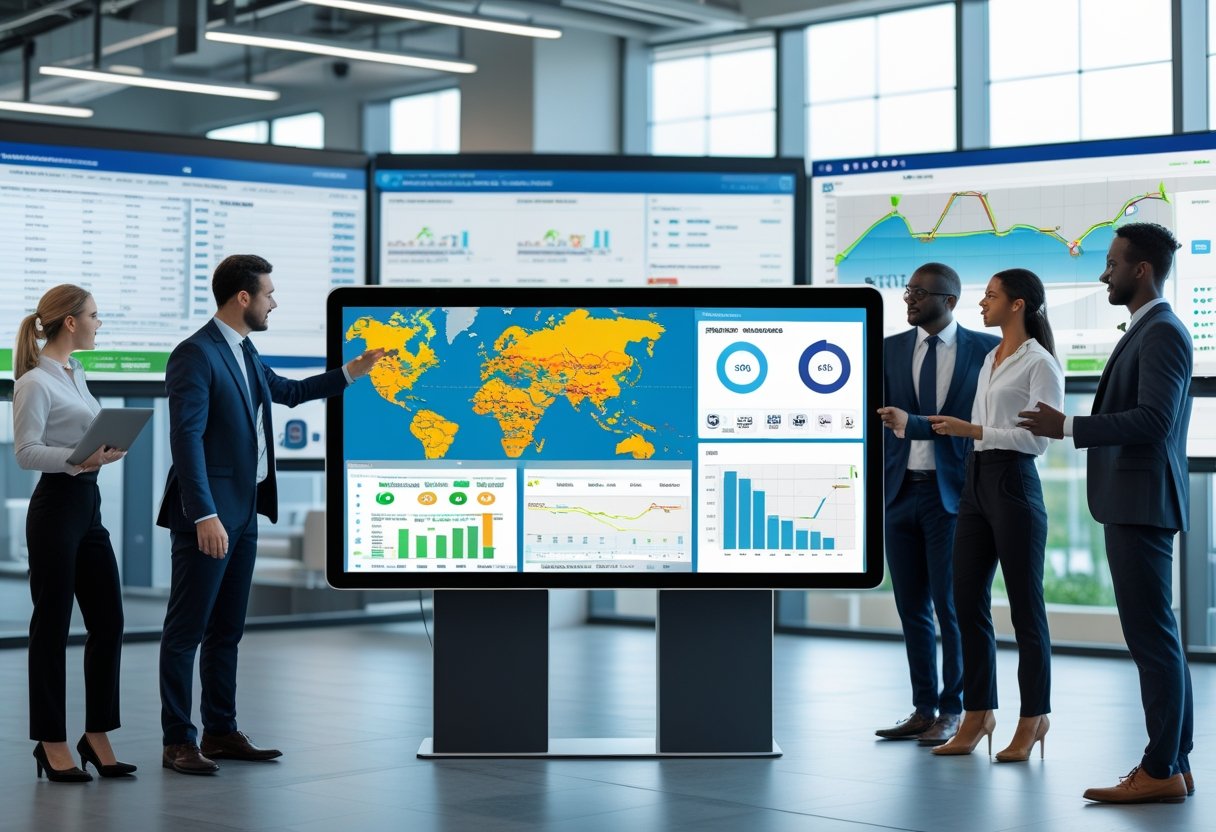 A group of professionals collaborating around a touchscreen table displaying fleet management data and maps in a modern office.