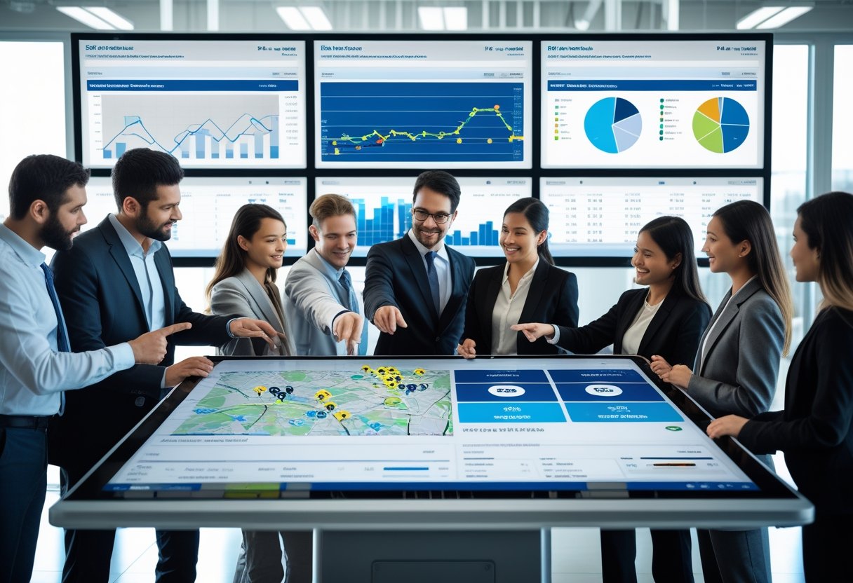 Business professionals collaborating around a digital touchscreen table displaying fleet management data and maps in a modern office.