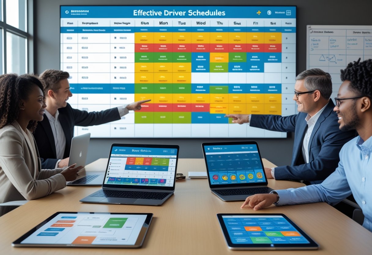 A group of professionals collaborating around a table with laptops and digital screens showing driver schedules and route maps in an office.