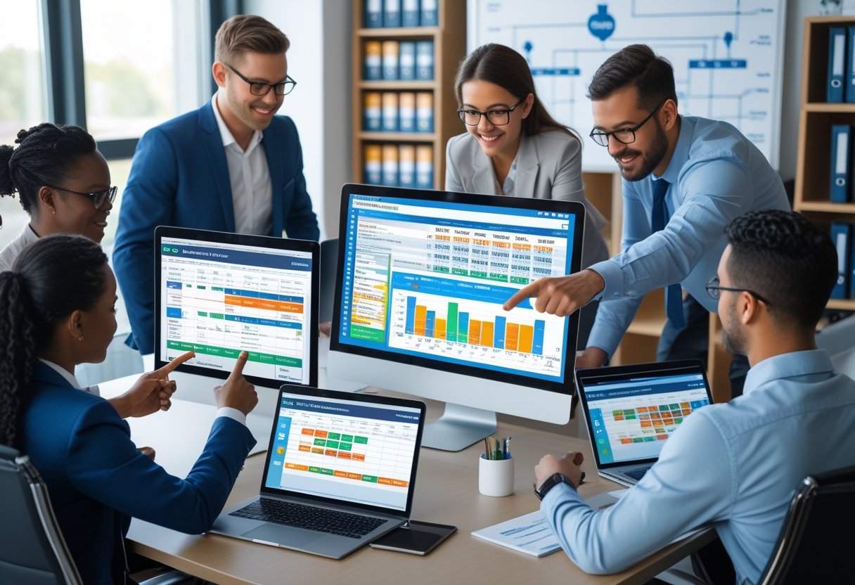 People collaborating in an office around a desk with laptops and tablets showing driver schedules and charts.