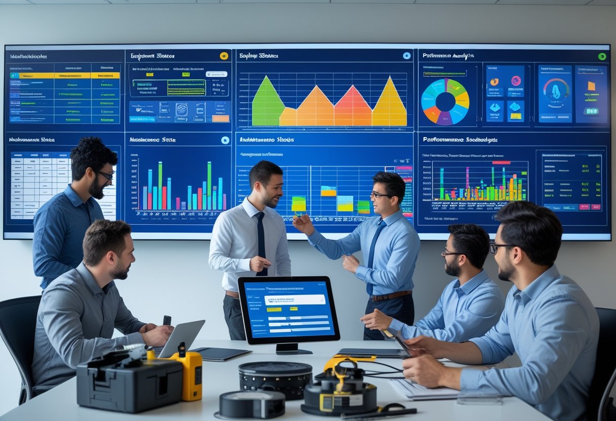 A team of engineers and technicians collaborating around a digital touchscreen displaying equipment maintenance data in a modern office.