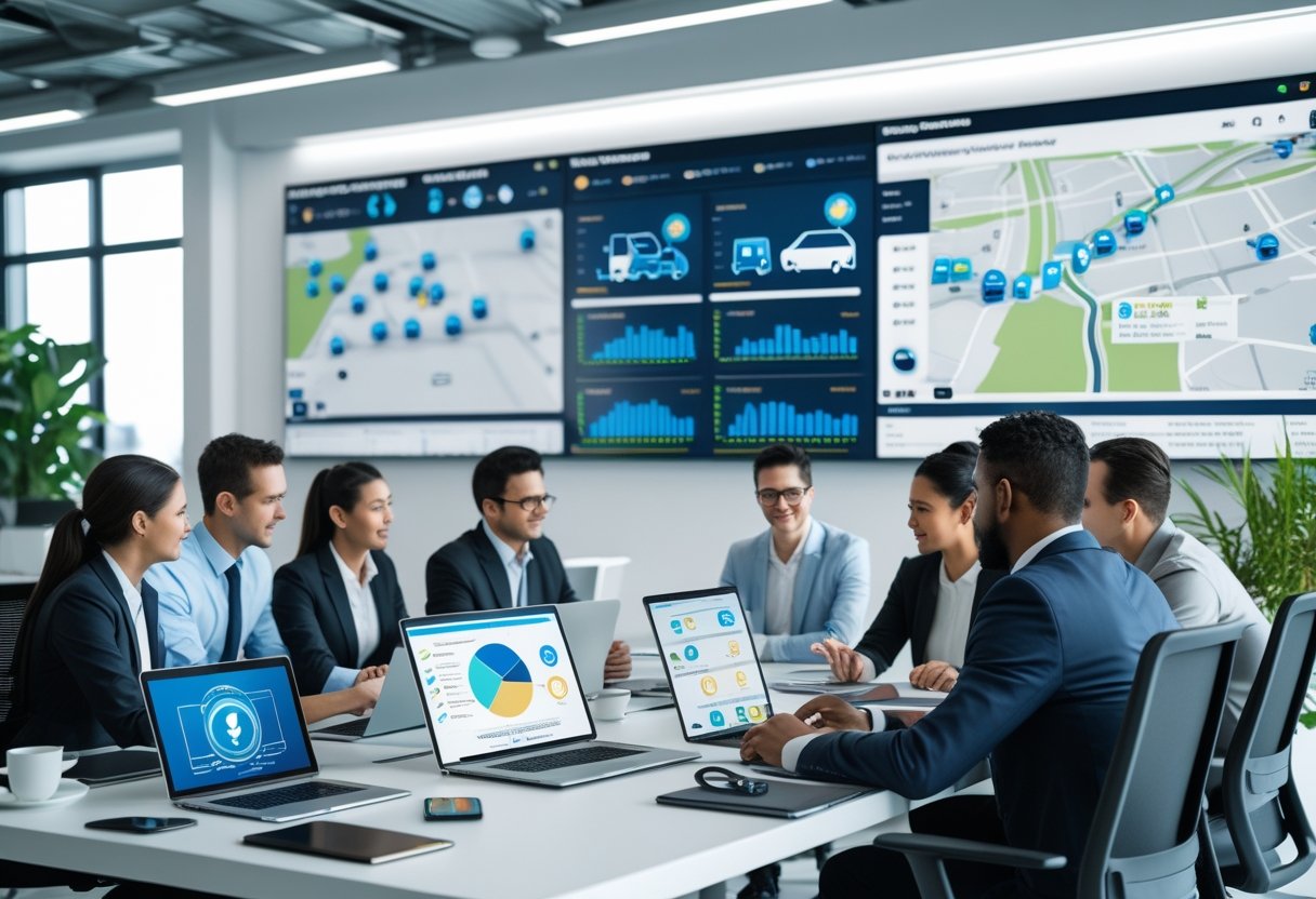 Business professionals collaborating around a table with digital devices showing vehicle tracking maps and data in a modern office.