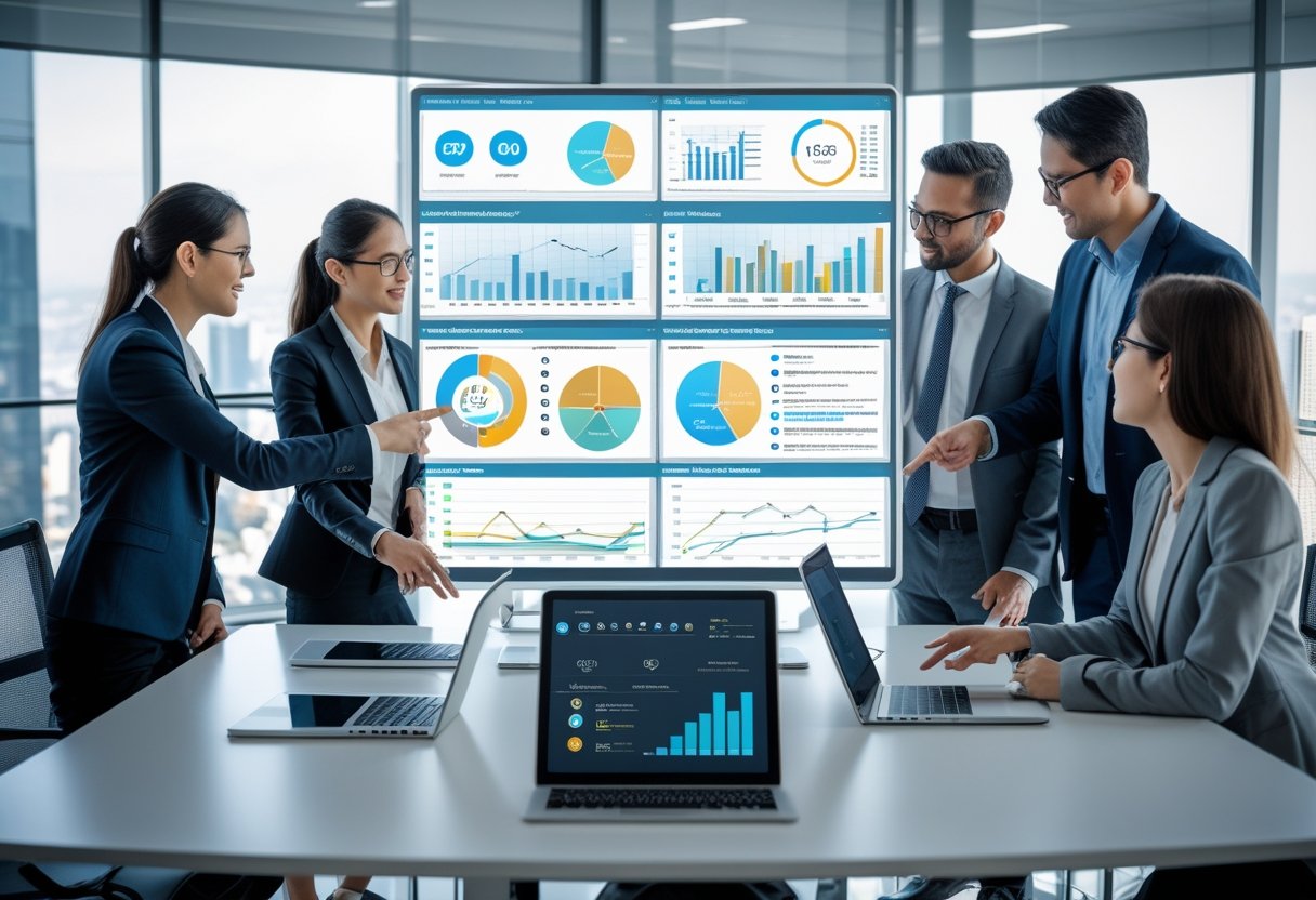 A group of business professionals in a conference room discussing and interacting with digital screens showing fleet management software dashboards and vehicle tracking maps.