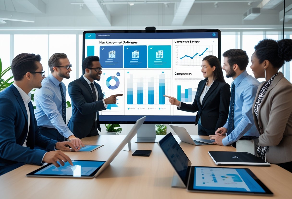 A group of business professionals discussing software data on a large digital screen in a bright conference room.