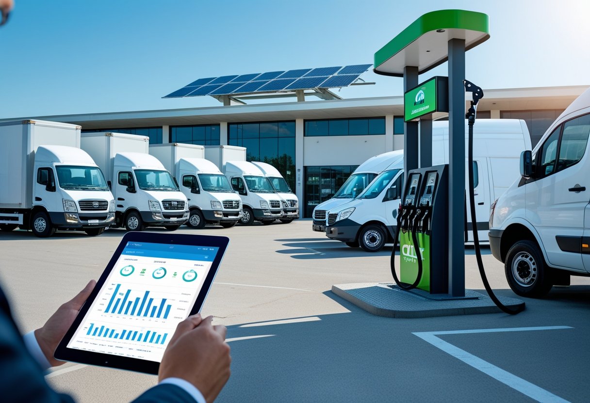 A fleet manager using a tablet to monitor fuel usage while commercial vehicles refuel at a fuel station in a parking lot.