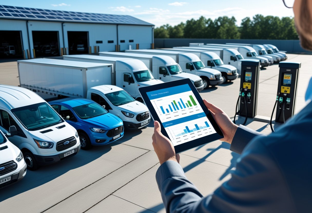 A fleet manager reviewing digital fuel data on a tablet near a lineup of trucks and vans at a fuel station with a warehouse in the background.