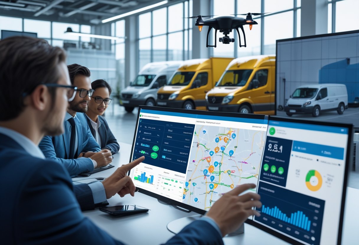 A team of professionals in an office analyzing digital screens showing vehicle locations and data for managing a fleet of trucks and vans.