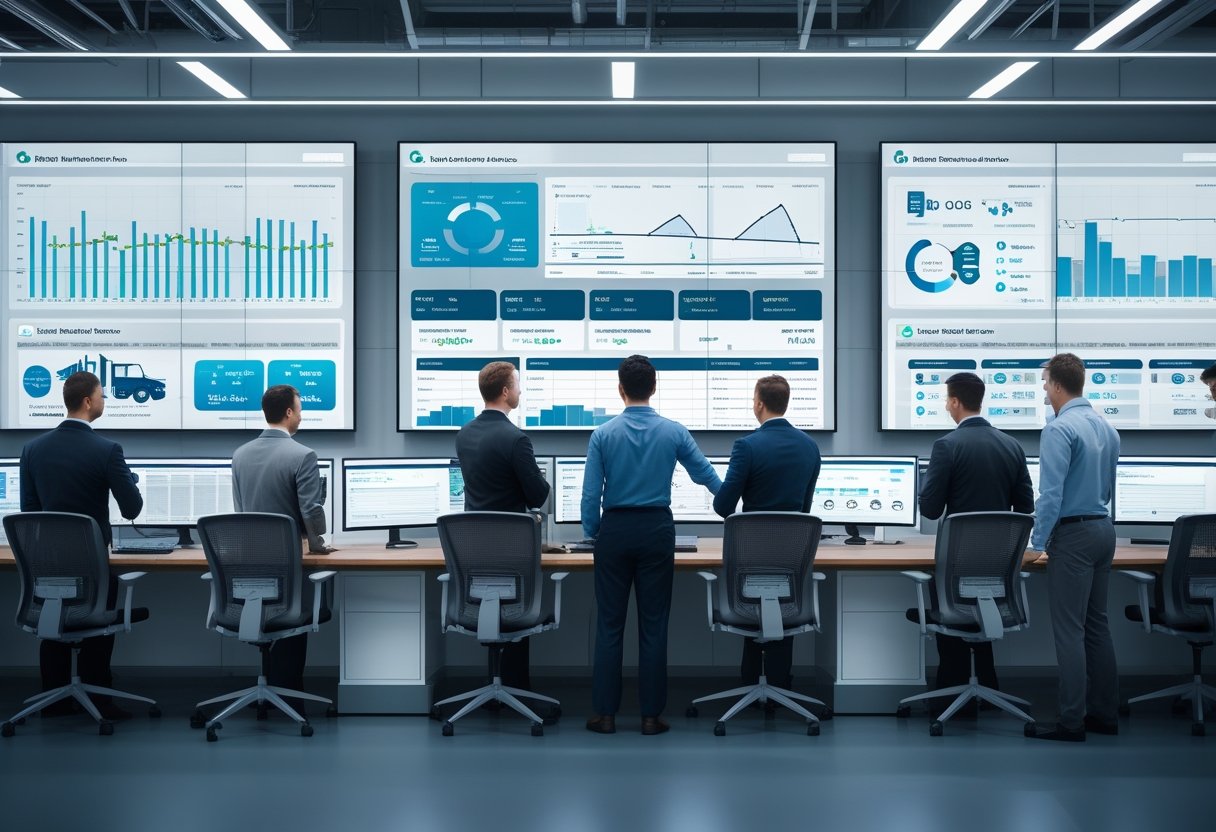 A team of professionals analyzing real-time data on large screens in a fleet management control center with commercial vehicles visible outside.
