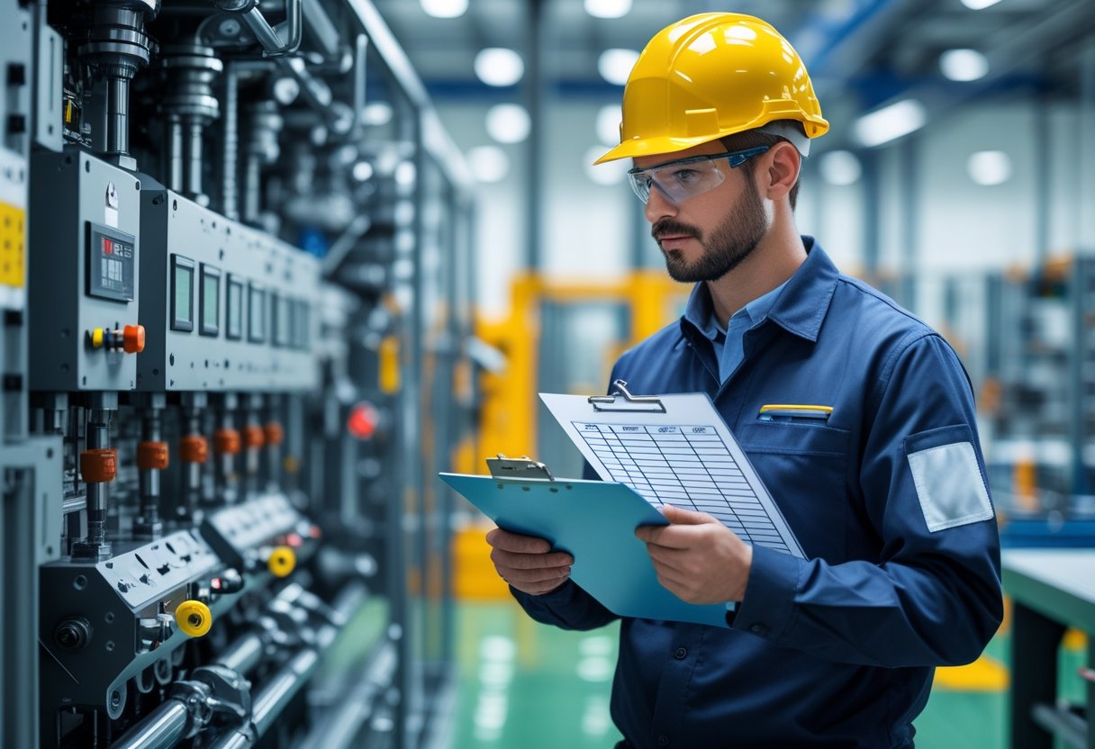 A technician wearing safety gear holding a clipboard with a checklist while inspecting industrial machinery in a clean workspace.