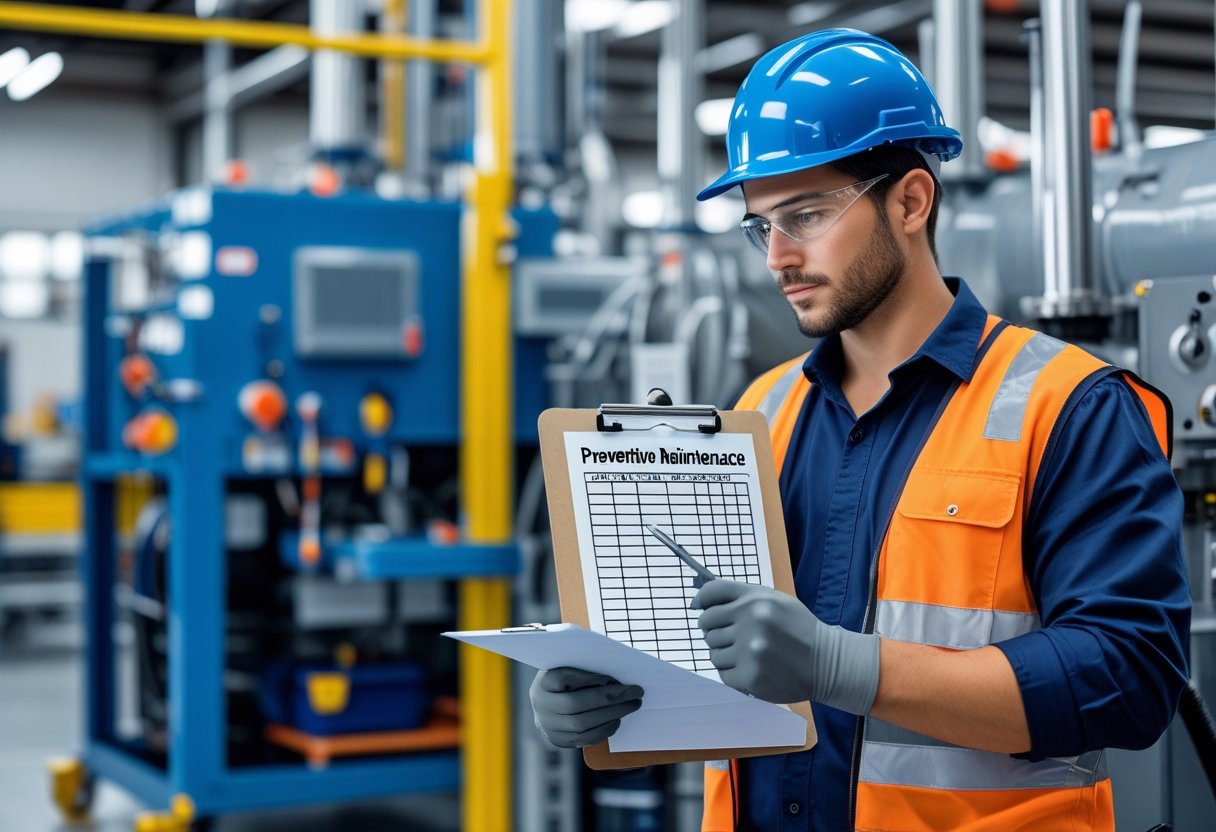 A technician holding a checklist while inspecting industrial machinery in a clean and organized workspace.