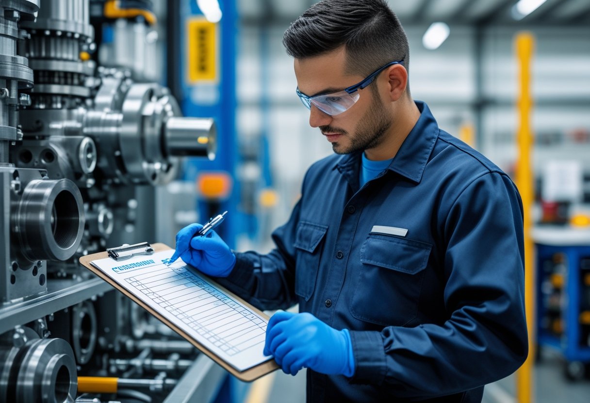 A technician inspecting industrial equipment while holding a checklist in a clean workshop.