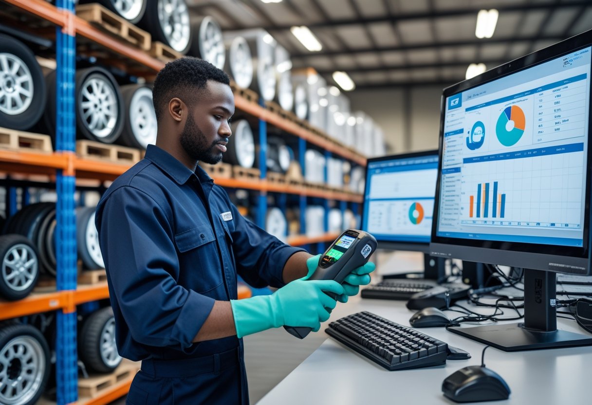 A warehouse worker scans automotive parts with a barcode scanner next to a computer showing inventory data, surrounded by shelves filled with car parts.