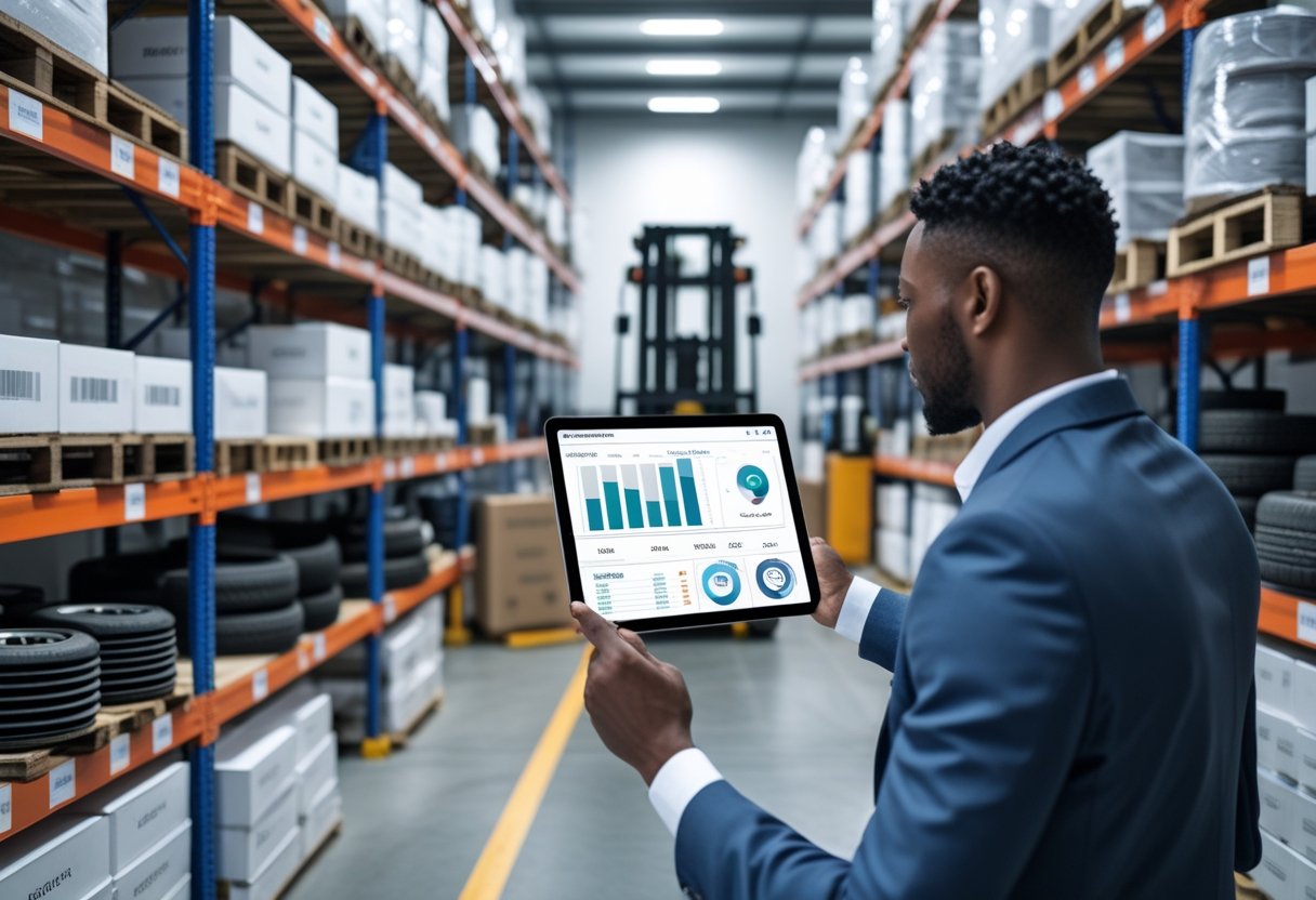 A person using a tablet to manage automotive parts inventory in a well-organized warehouse filled with shelves of auto parts.