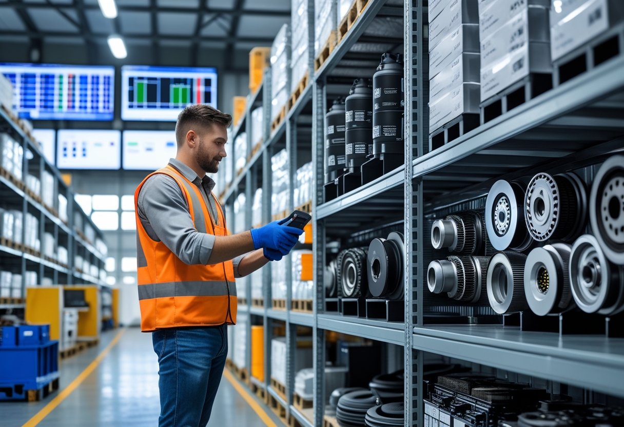 Warehouse worker scanning automotive parts on shelves in an organized inventory storage area.