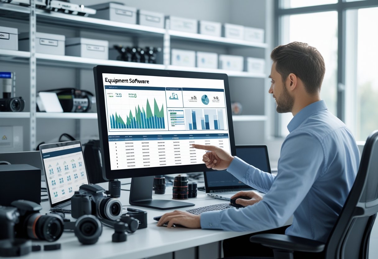 A person using a computer displaying equipment inventory software in an organized office with various equipment and labeled storage shelves.