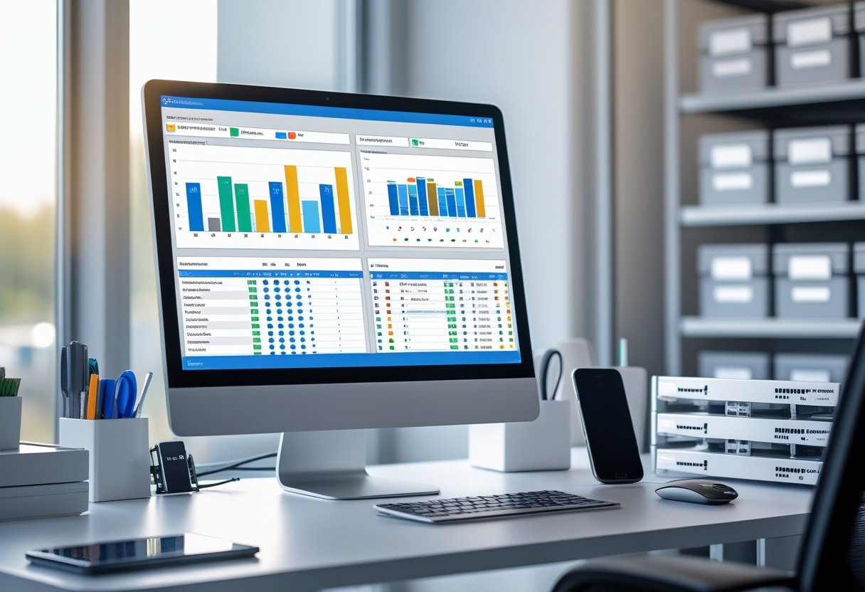 A computer monitor on an office desk displaying equipment inventory software, surrounded by office supplies and storage shelves in the background.