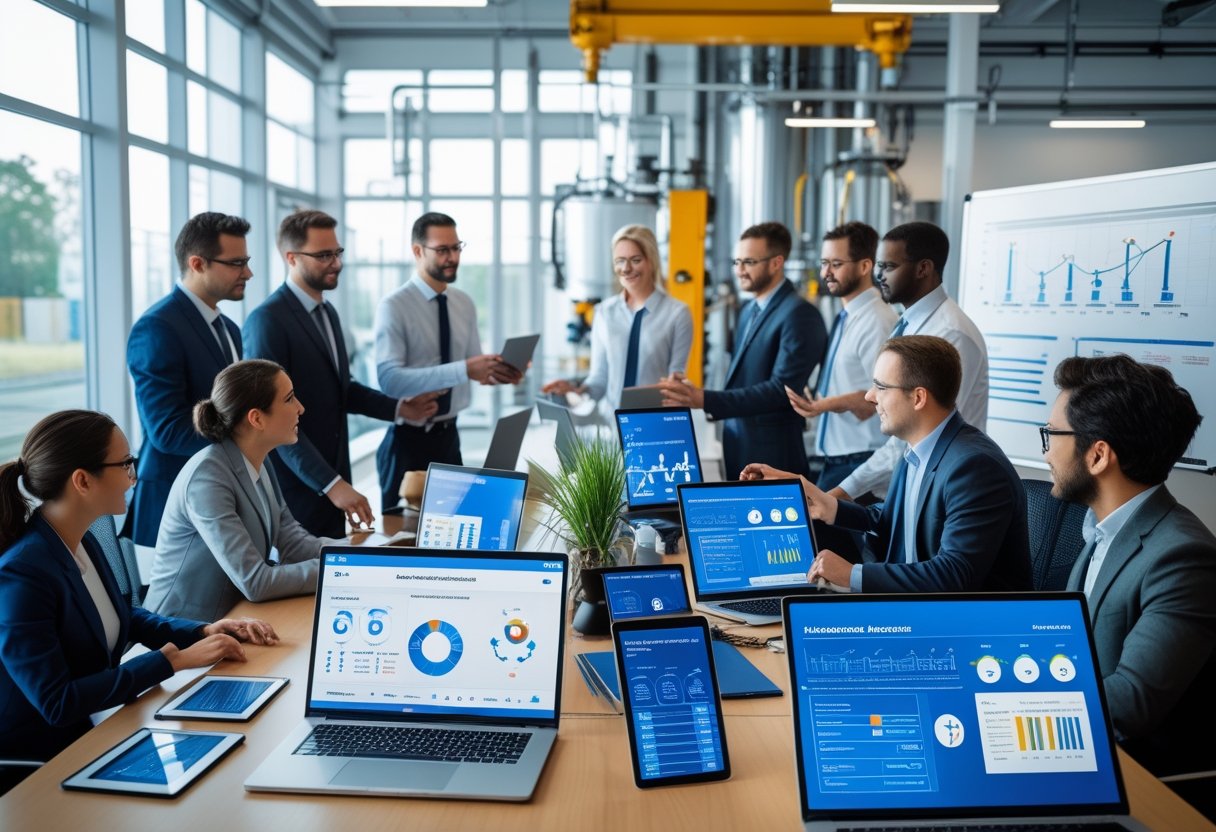 A group of professionals working together in an office with laptops and tablets showing maintenance management software dashboards and charts.