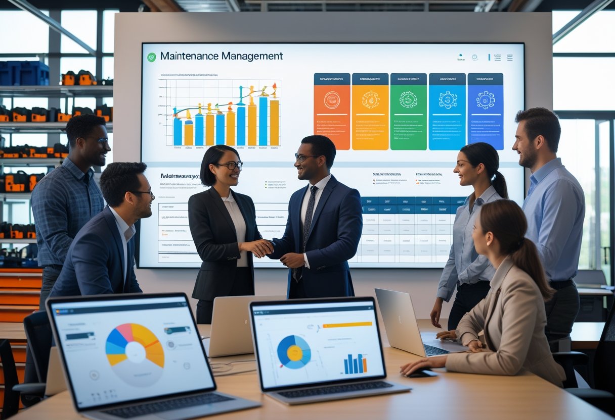A team of professionals collaborating around a digital touchscreen displaying maintenance management software dashboards and charts in a modern office with tools and equipment in the background.