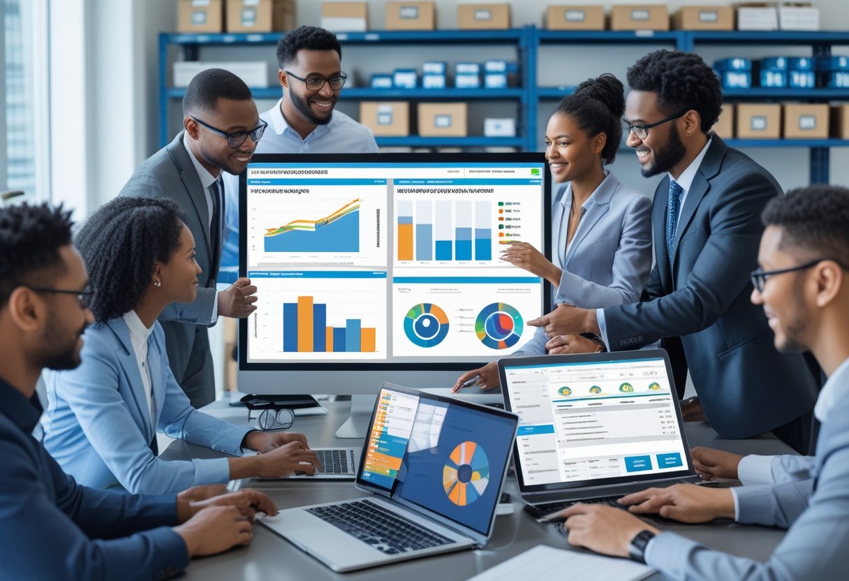 A group of professionals working together in an office with laptops and tablets showing inventory dashboards, with shelves of spare parts in the background.