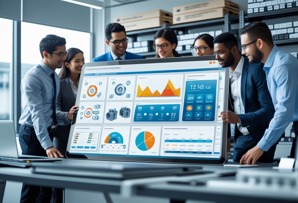 A team of professionals working together around a digital touchscreen table displaying spare parts inventory and management data in a modern office.