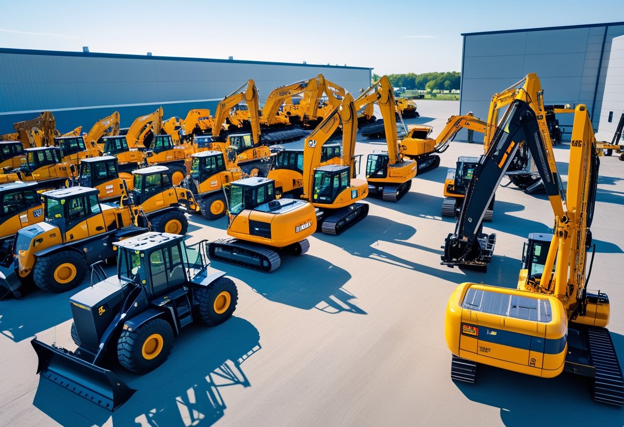 A fleet of construction equipment including excavators, bulldozers, and cranes arranged in an open industrial yard.