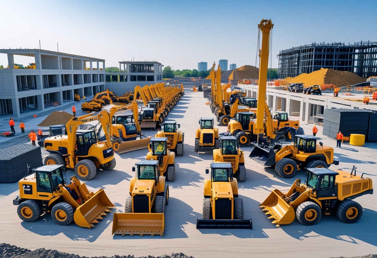 A large collection of construction vehicles and machinery at a construction site with buildings and workers in the background.