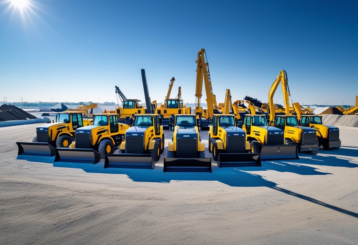 A large fleet of yellow construction equipment including excavators, bulldozers, cranes, and dump trucks parked in an open yard with a clear sky.
