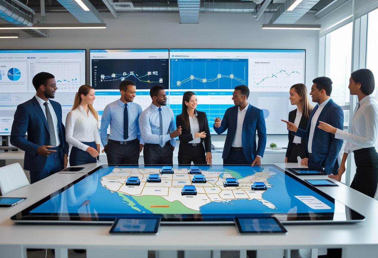 Business professionals collaborating around a digital touchscreen table showing vehicle tracking maps and data in a modern office.