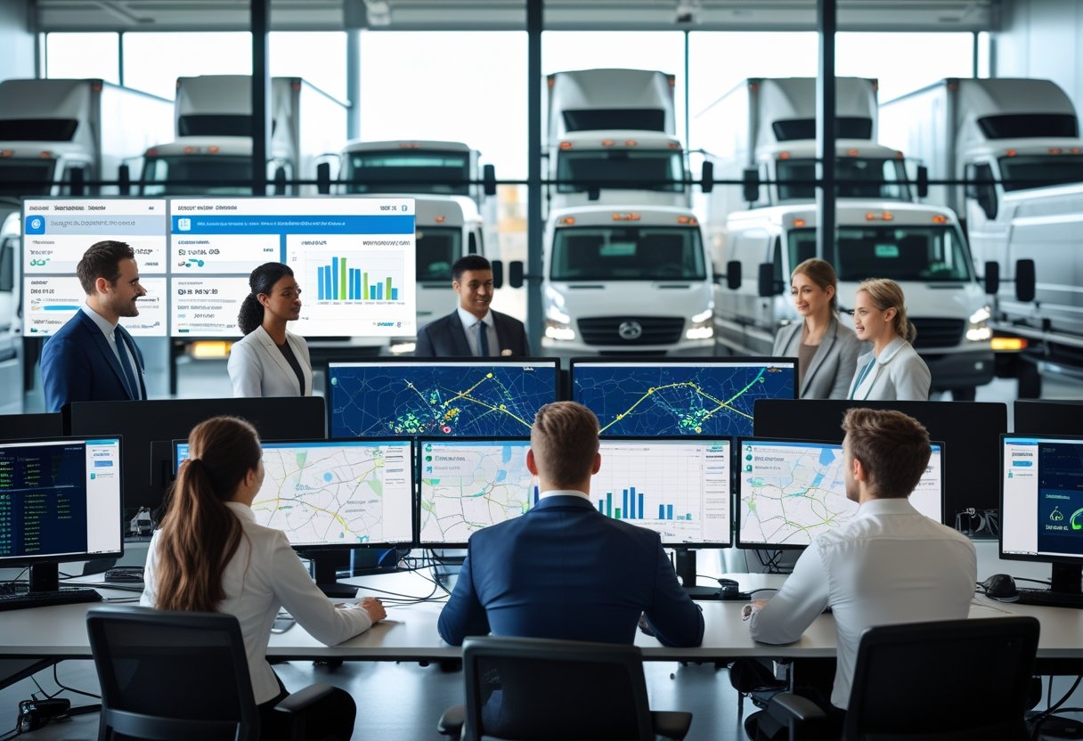 A team of professionals in a control room monitoring vehicle routes and data on large screens with fleet vehicles visible outside the windows.