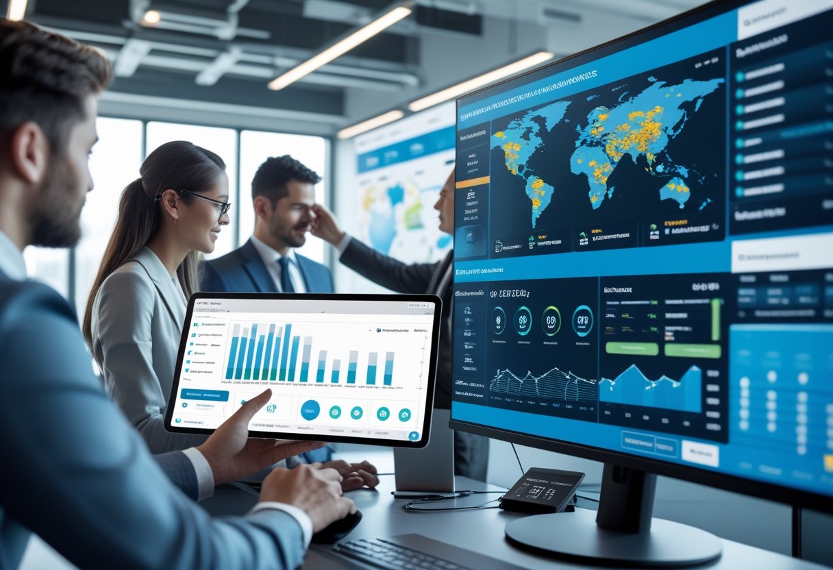 A team of professionals in an office analyzing fleet management data on multiple digital screens and tablets.