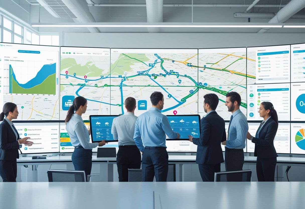 People working in an office with large digital screens displaying maps and vehicle routes for fleet management.