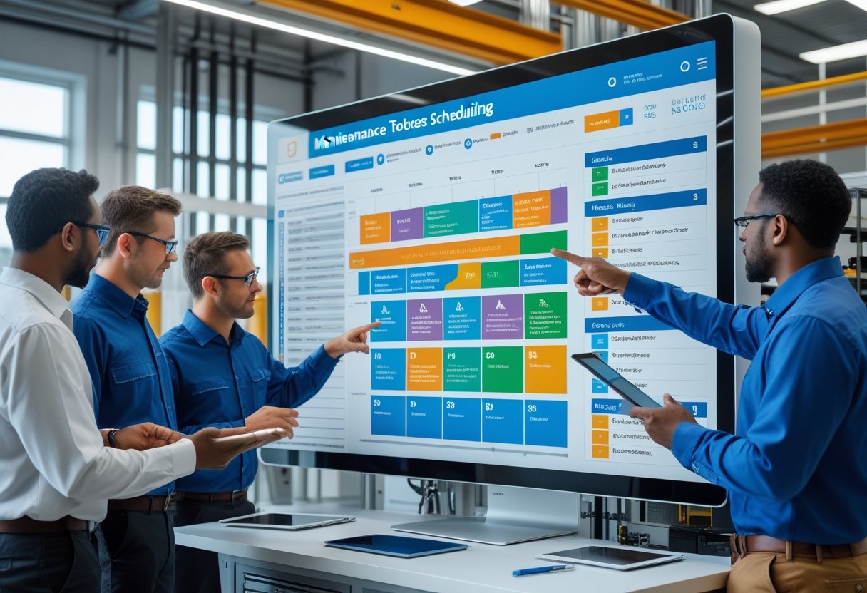 A team of maintenance engineers and managers collaborating around a digital touchscreen displaying maintenance scheduling software in an office with industrial equipment.