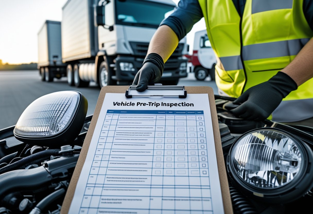 A person holding a clipboard with an inspection form near a commercial vehicle, inspecting vehicle parts like tires and lights.