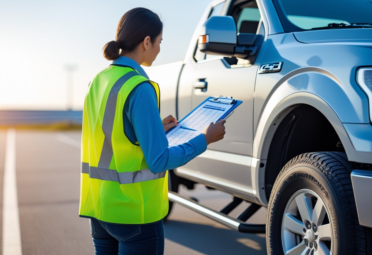 Person in a safety vest inspecting a pickup truck outdoors while holding a clipboard with checklists.