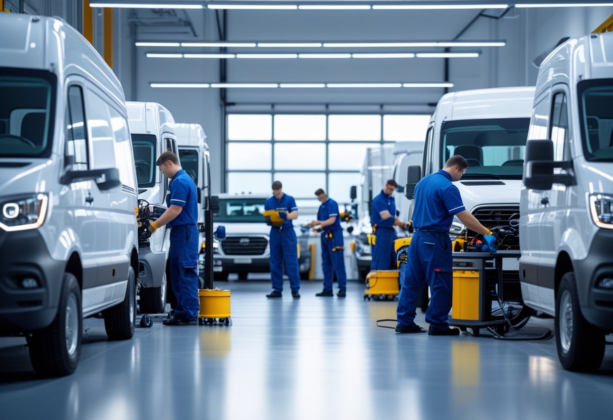 Mechanics inspecting and repairing commercial trucks inside a clean, organized fleet maintenance garage.