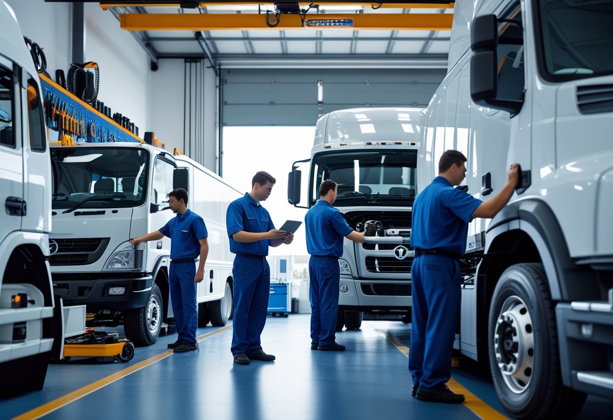 Technicians performing maintenance on commercial vehicles inside a clean and organized workshop.