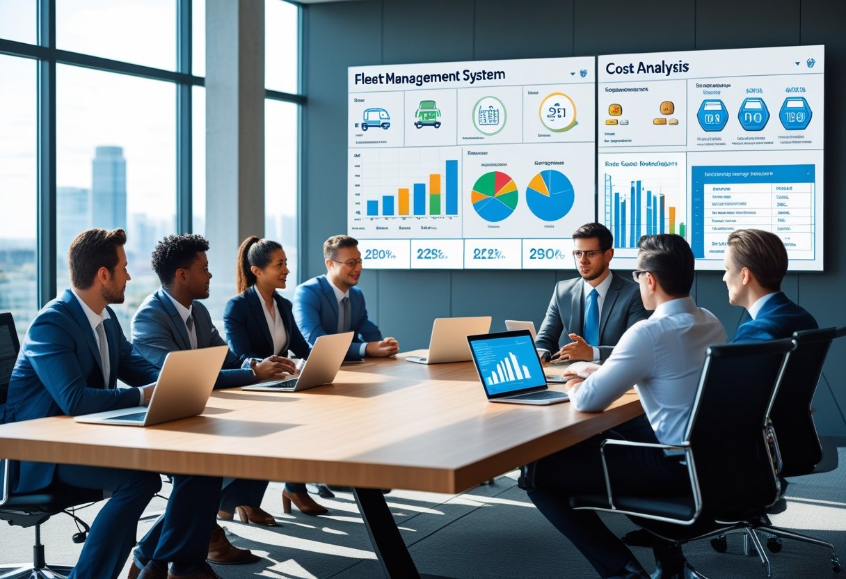 Business professionals in a modern office discussing fleet management cost data displayed on laptops and a large screen.