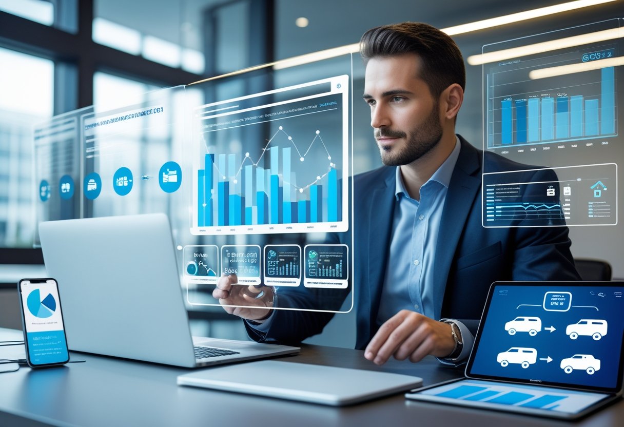 A business professional analyzing digital screens showing fleet management data and cost-related charts in a modern office setting.