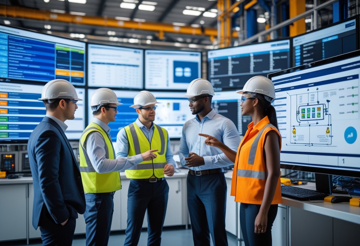A team of engineers and managers discussing maintenance schedules and equipment status in a modern industrial control room.